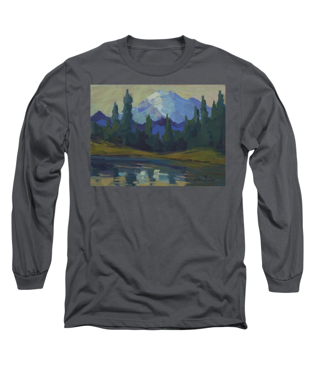 Mount Rainier Long Sleeve T-Shirt featuring the painting Mount Rainier and Yellow Sky by Diane McClary