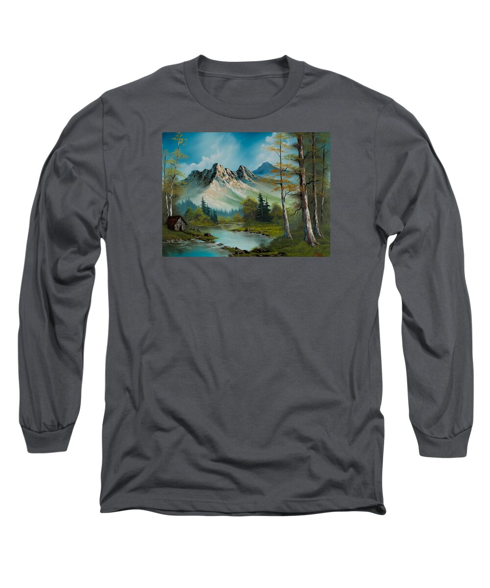 Landscape Long Sleeve T-Shirt featuring the painting Mountain Retreat by Chris Steele