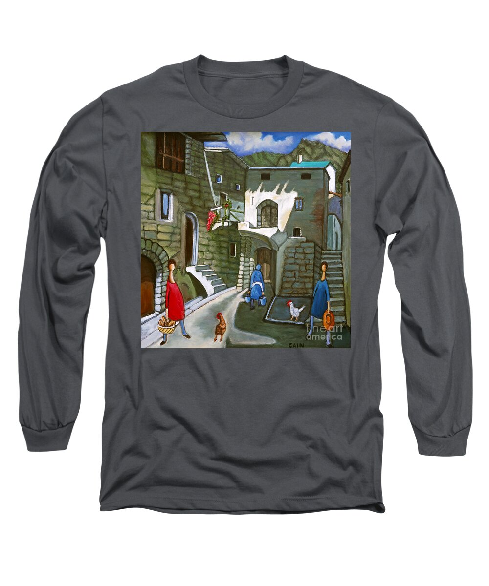 Mediterranean Mountain Village Long Sleeve T-Shirt featuring the painting Mountain Retreat by William Cain