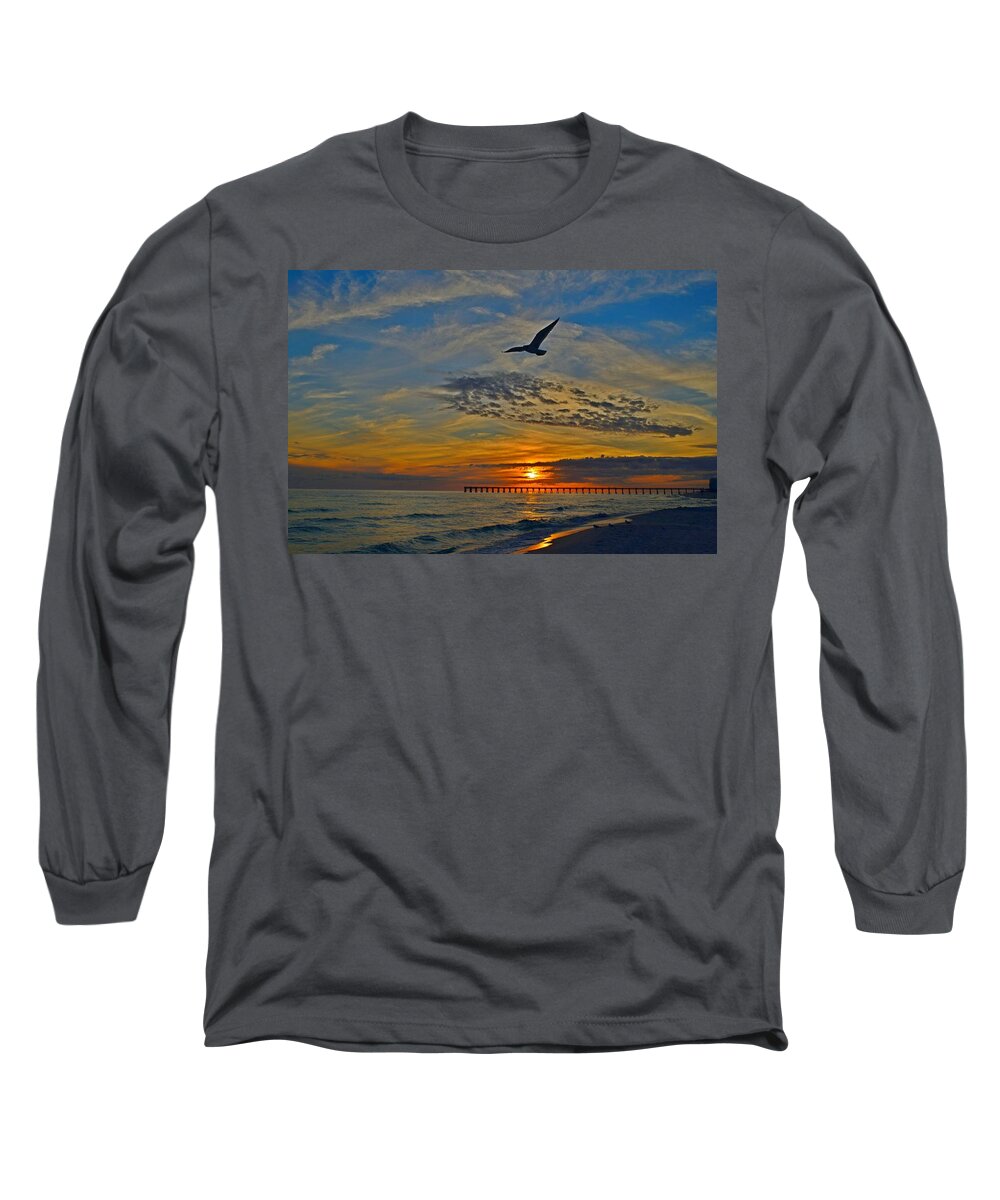 Landscape Long Sleeve T-Shirt featuring the photograph Navarre Beach and Pier Sunset Colors with Gulls and Waves by Jeff at JSJ Photography