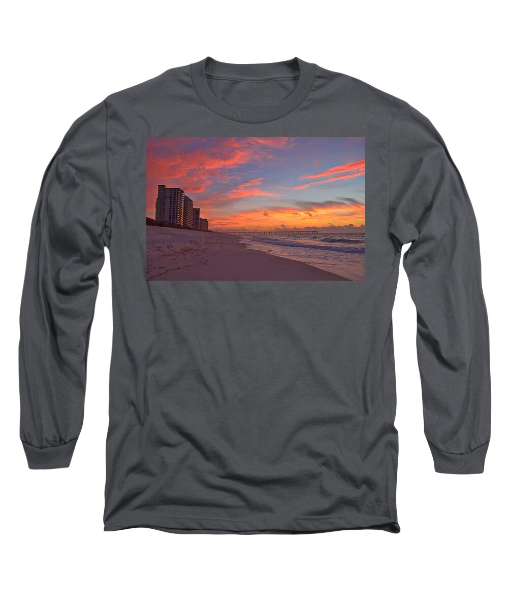 Navarre Pier Long Sleeve T-Shirt featuring the photograph Navarre Pier and Navarre Beach Skyline at Twilight by Jeff at JSJ Photography