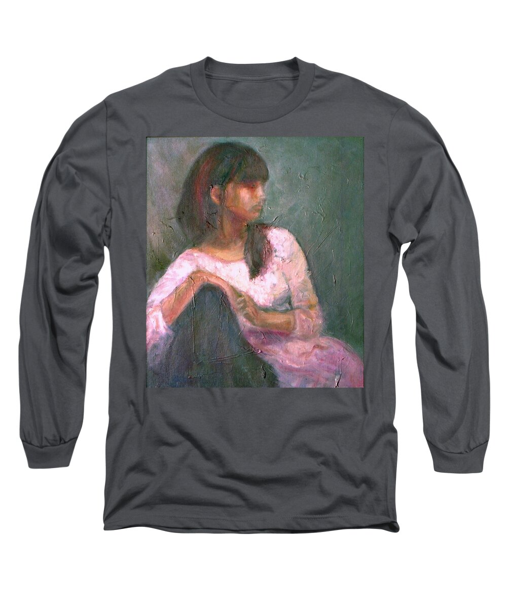 Portrait Long Sleeve T-Shirt featuring the painting New Year's Blossom - Sale - Textural Original Oil on Canvas Portrait by Quin Sweetman