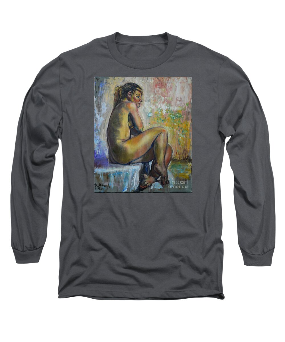 Raija Merila Long Sleeve T-Shirt featuring the painting Nude Eva 1 by Raija Merila