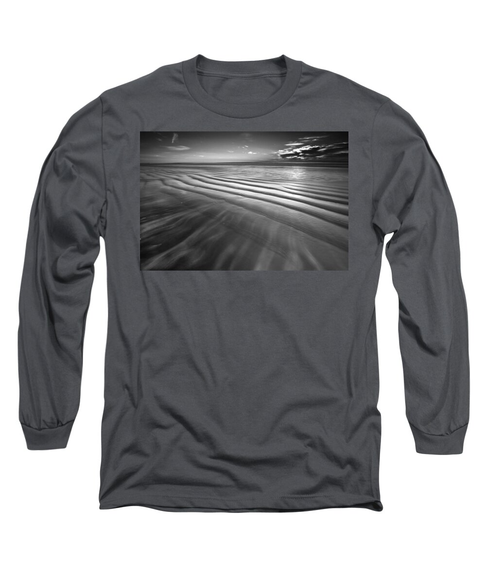 Black And White Photography Long Sleeve T-Shirt featuring the photograph Ocean Waves Seascape Beach Sunrise Photograph in Black and White by Gray Artus