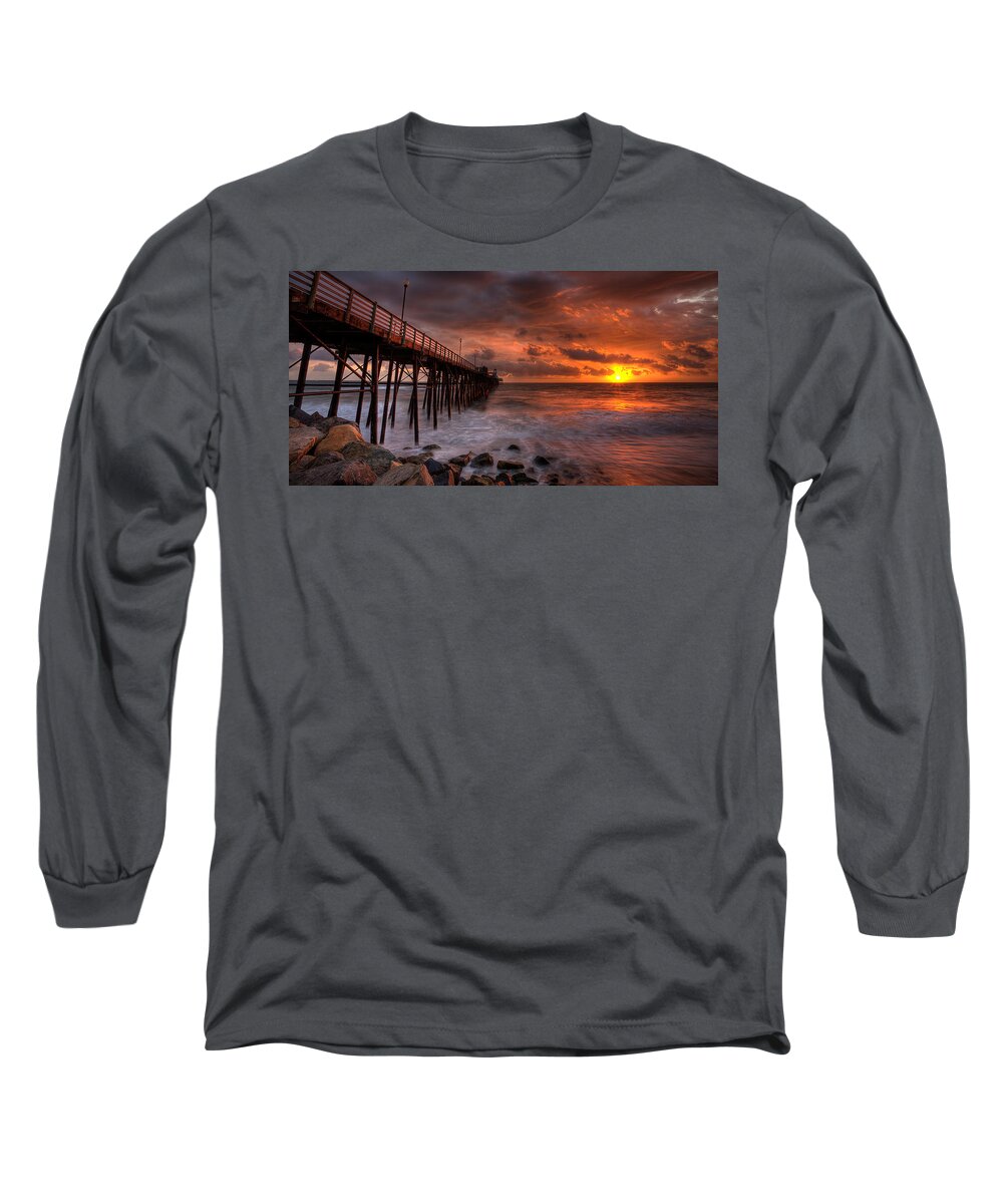 Beach Long Sleeve T-Shirt featuring the photograph Oceanside Pier Perfect Sunset -Ex-Lrg Wide Screen by Peter Tellone