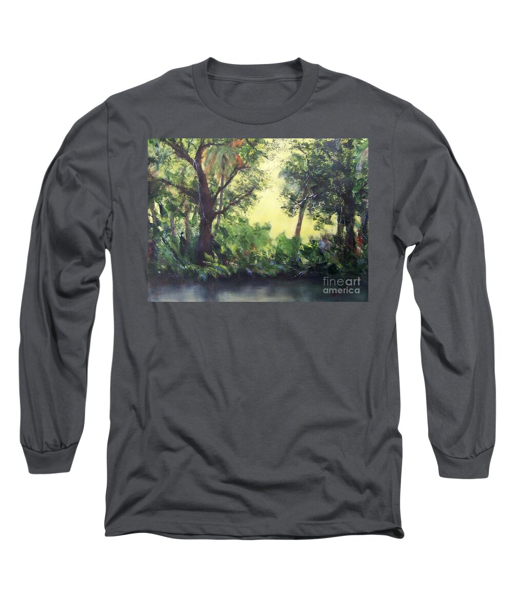 Landscape Of A Florida Woodland Waterway Long Sleeve T-Shirt featuring the painting Old Florida 2 by Mary Lynne Powers