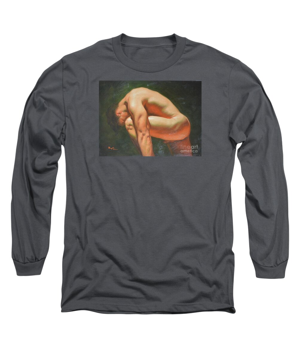 Original Oil Painting Long Sleeve T-Shirt featuring the painting Original classic oil painting man body art-male nude -042 by Hongtao Huang