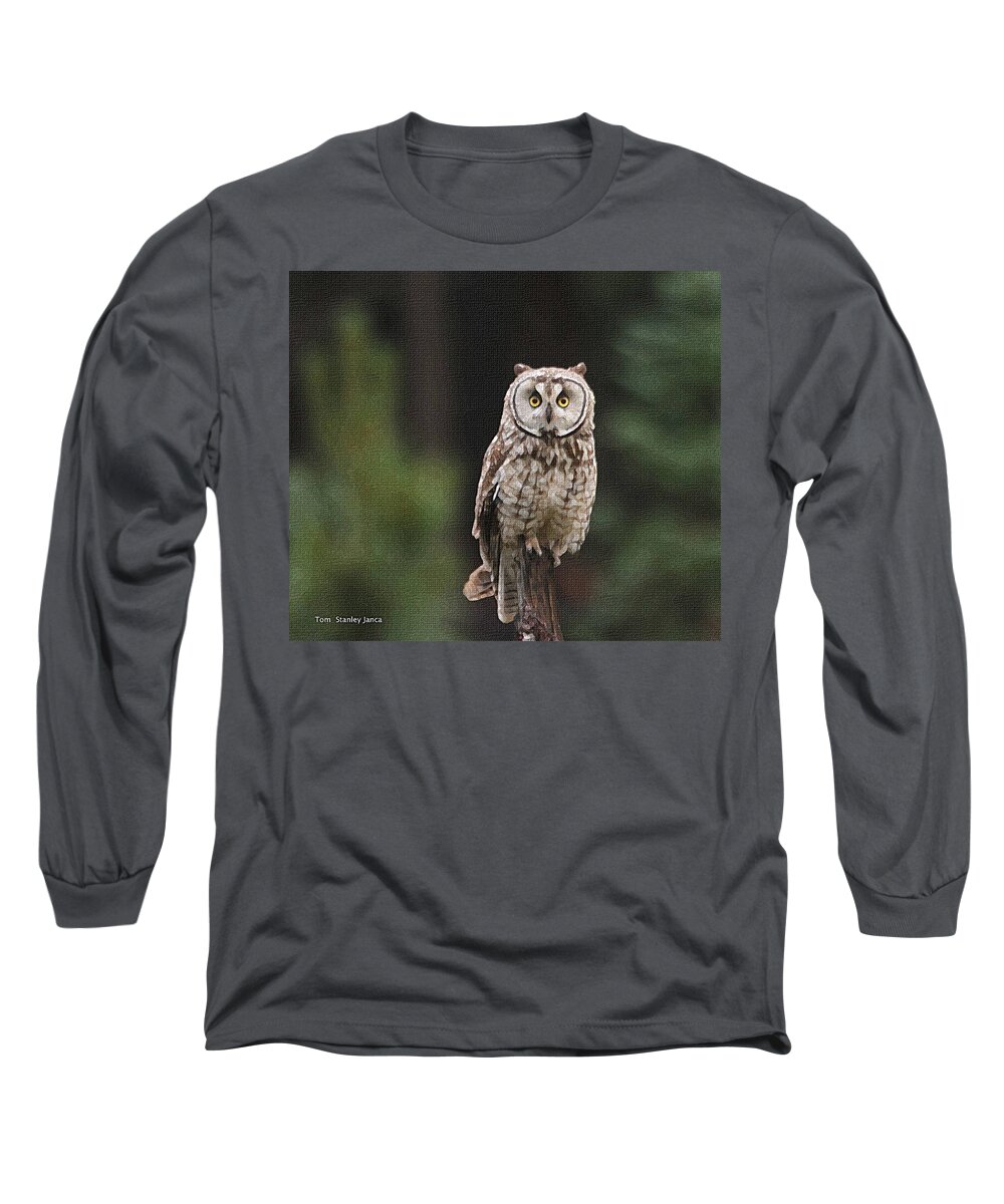 Owl Long Sleeve T-Shirt featuring the photograph Owl In The Forest Visits by Tom Janca