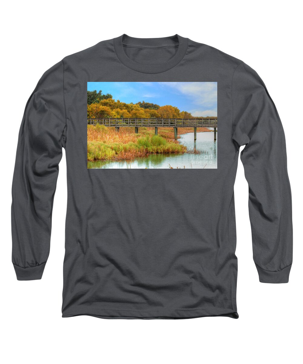 Fall Long Sleeve T-Shirt featuring the photograph Pier Through The Wetlands In Fall by Kathy Baccari