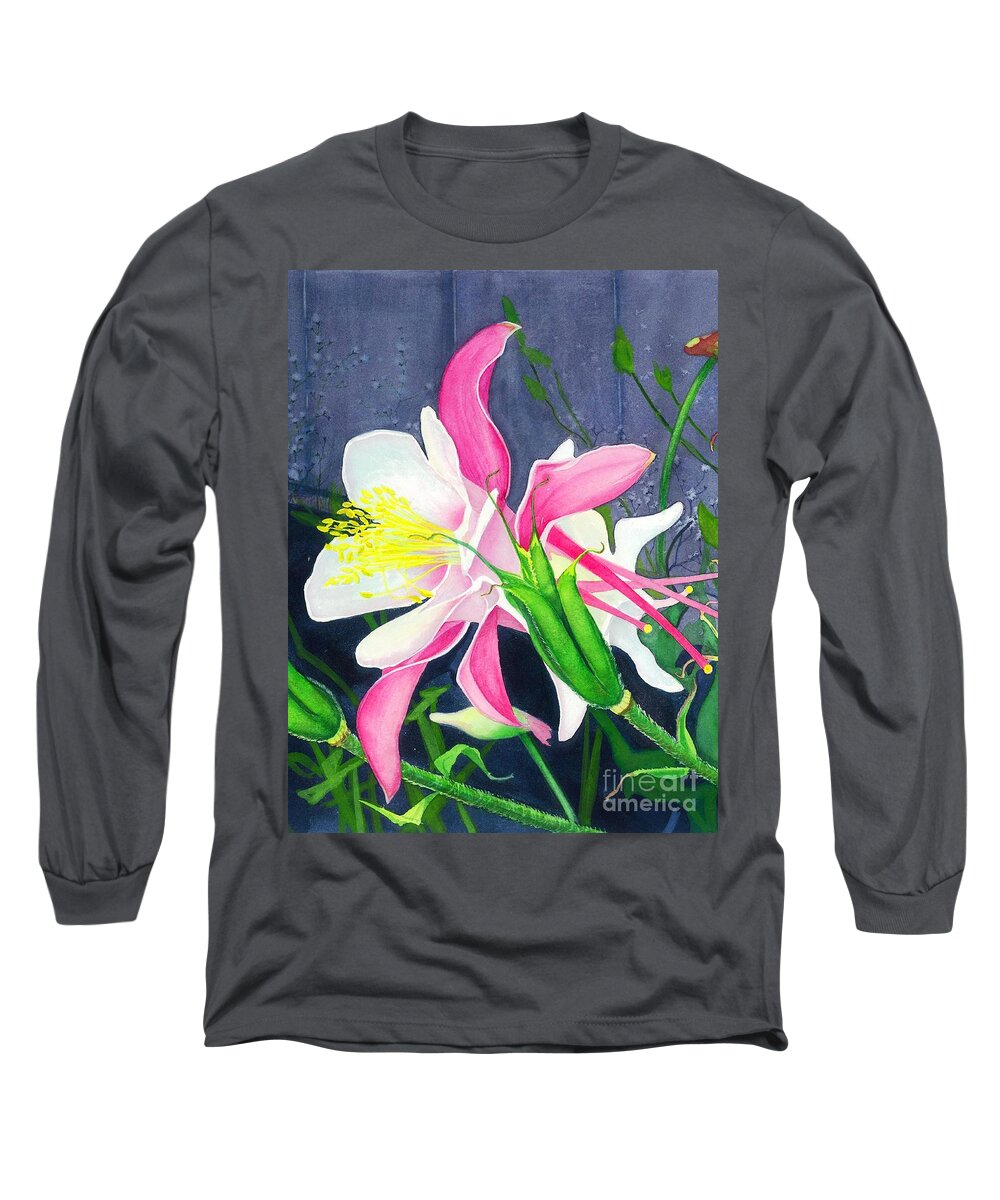 Flower Long Sleeve T-Shirt featuring the painting Pink Columbine by Barbara Jewell