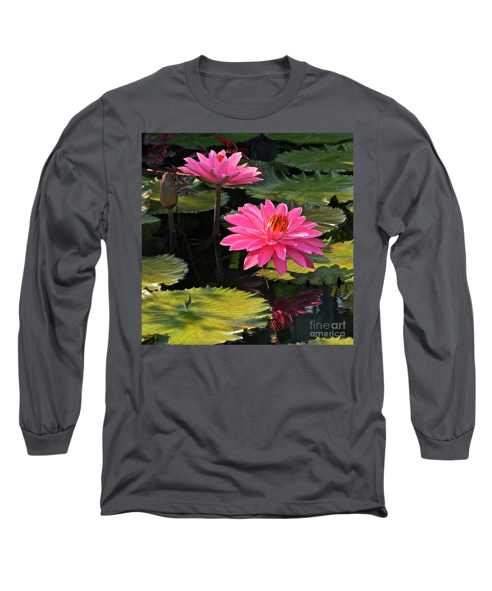 Pink Tropical Water Lilies Long Sleeve T-Shirt featuring the photograph Pink Tropical Waterlilies -- version 2 by Byron Varvarigos