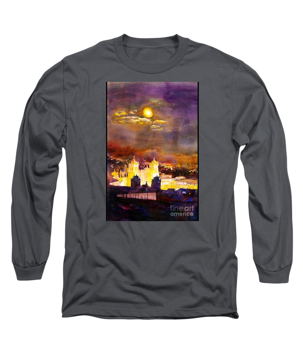 Cathedral Long Sleeve T-Shirt featuring the painting Plaza de Armas- Cusco by Ryan Fox