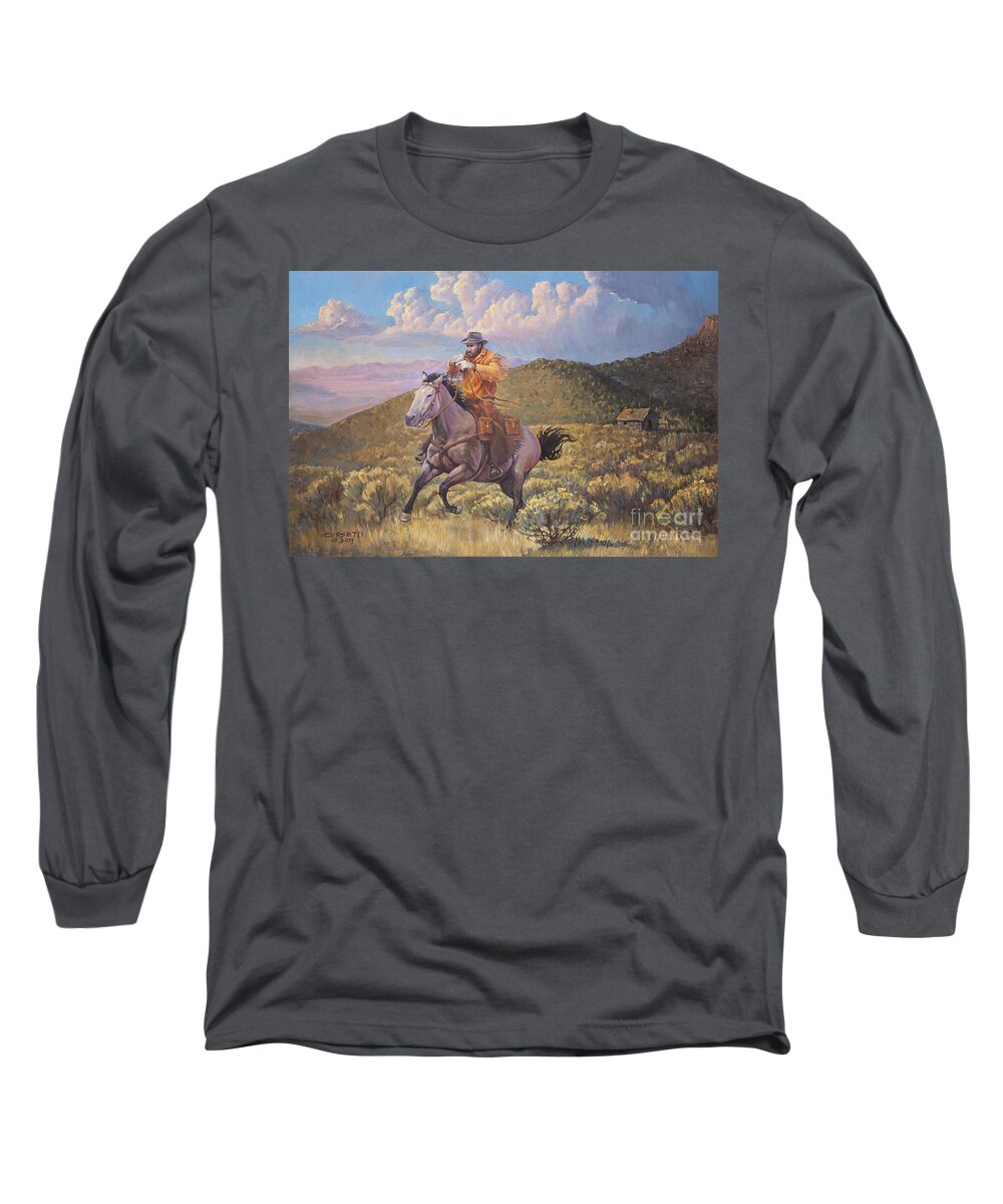 Wall Art Long Sleeve T-Shirt featuring the painting Pony Express Rider at Look Out Pass by Robert Corsetti