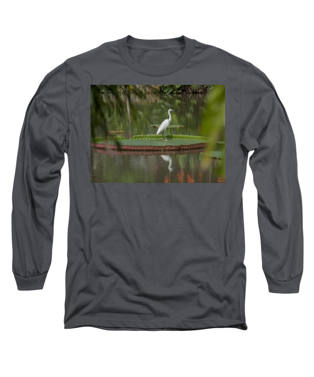 Nature Long Sleeve T-Shirt featuring the photograph Queen Victoria Water Lily Pad with Little Egret DTHB1618 by Gerry Gantt