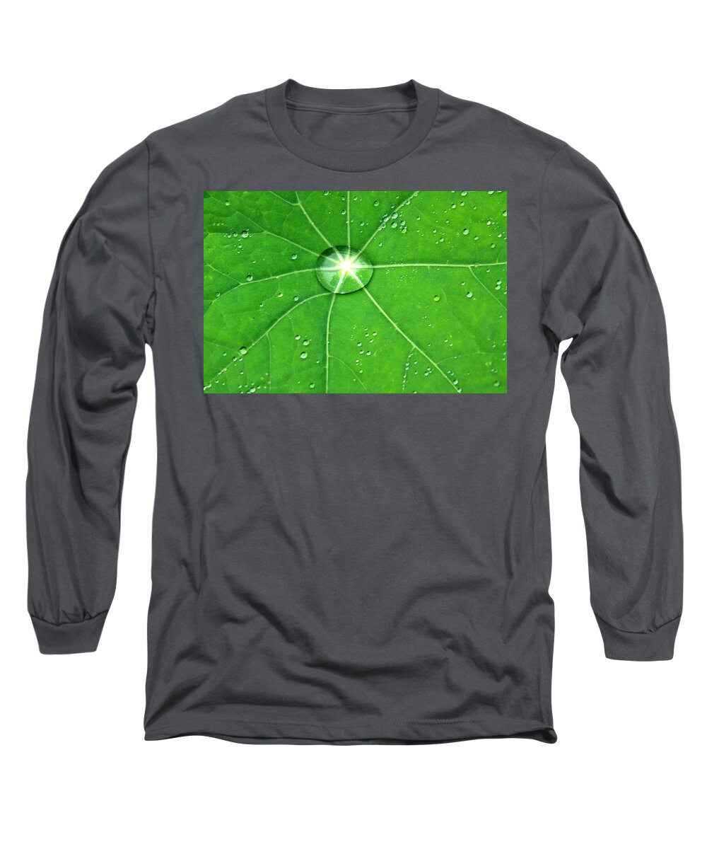  Green Leaf Long Sleeve T-Shirt featuring the photograph Raindrop Junction by Aidan Moran