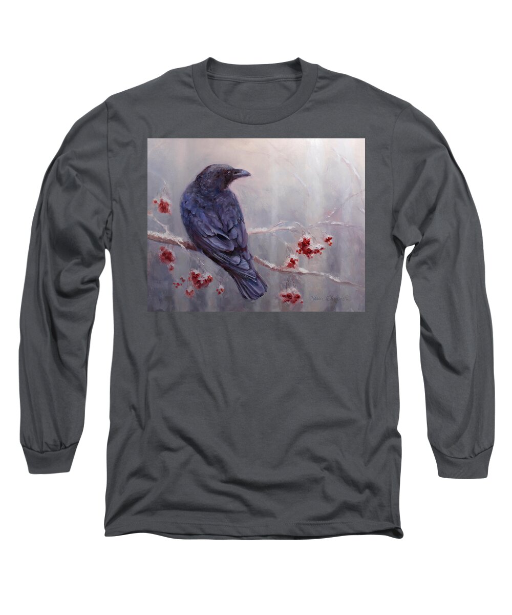 Winter Long Sleeve T-Shirt featuring the painting Raven in the Stillness - Black bird or crow resting in winter forest by K Whitworth