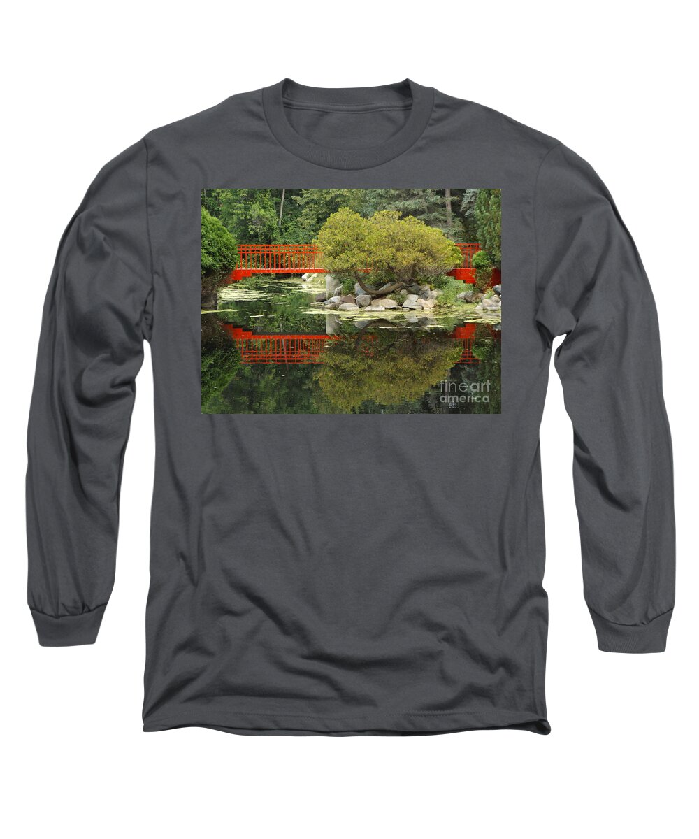 Red Long Sleeve T-Shirt featuring the photograph Red Bridge Close Reflection by Erick Schmidt