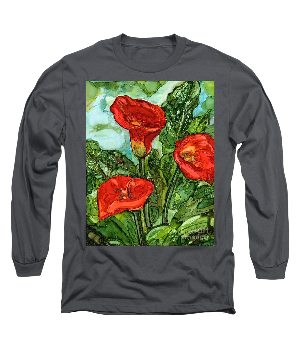 Calla Lilies Long Sleeve T-Shirt featuring the painting Red Callas by Vicki Baun Barry