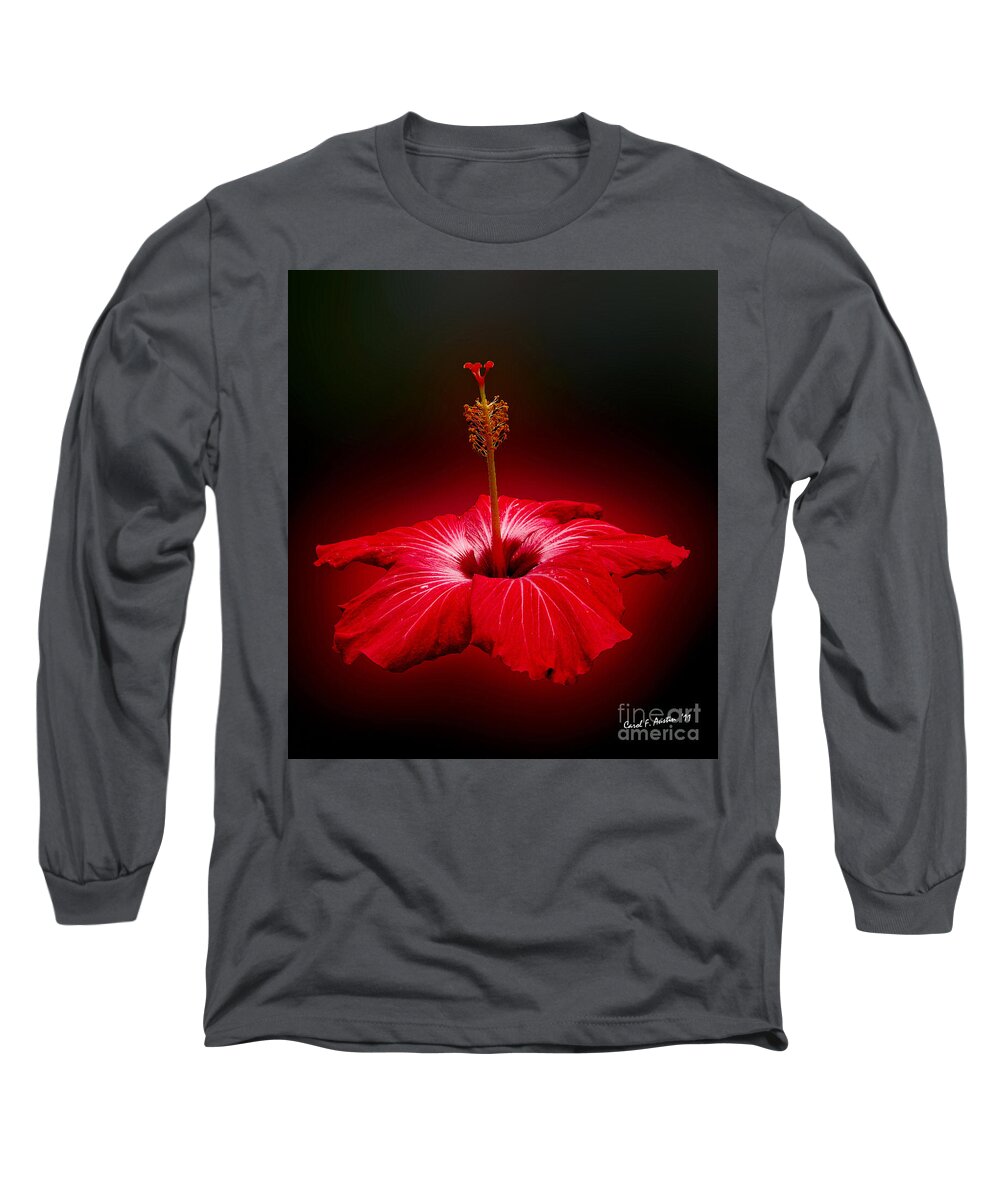 Tropical Flower Long Sleeve T-Shirt featuring the photograph Red Hibiscus Tropical Flower Wall Art by Carol F Austin