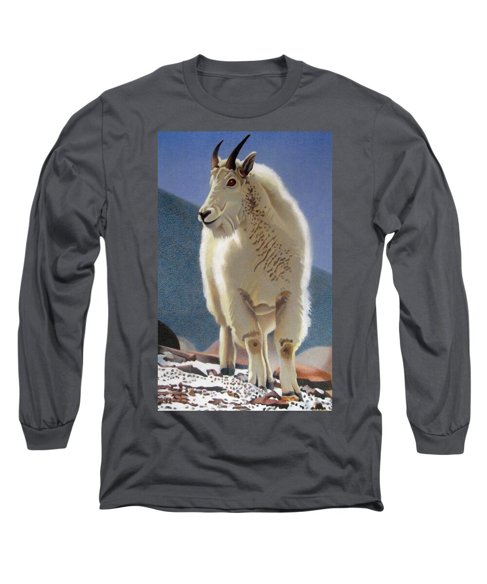 Art Long Sleeve T-Shirt featuring the drawing Rocky Mountain Goat by Dan Miller