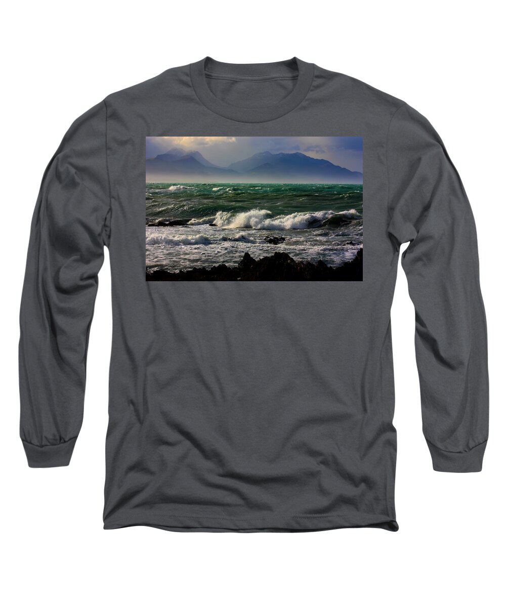 Rough Sea Long Sleeve T-Shirt featuring the photograph Rough Seas Kaikoura New Zealand by Amanda Stadther