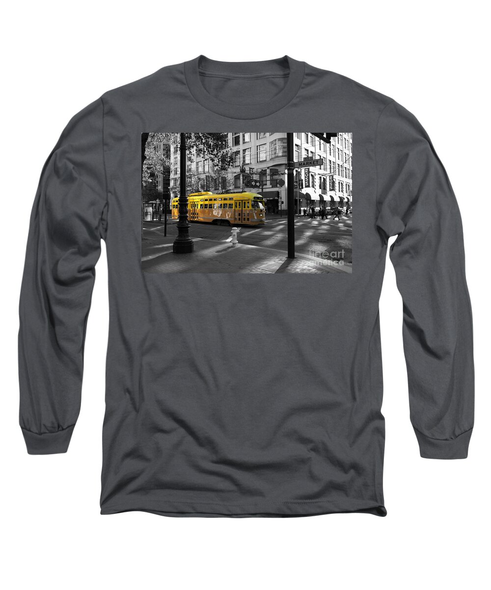 San Francisco Long Sleeve T-Shirt featuring the photograph San Francisco Vintage Streetcar on Market Street - 5D19798 - Black and White and Yellow by Wingsdomain Art and Photography