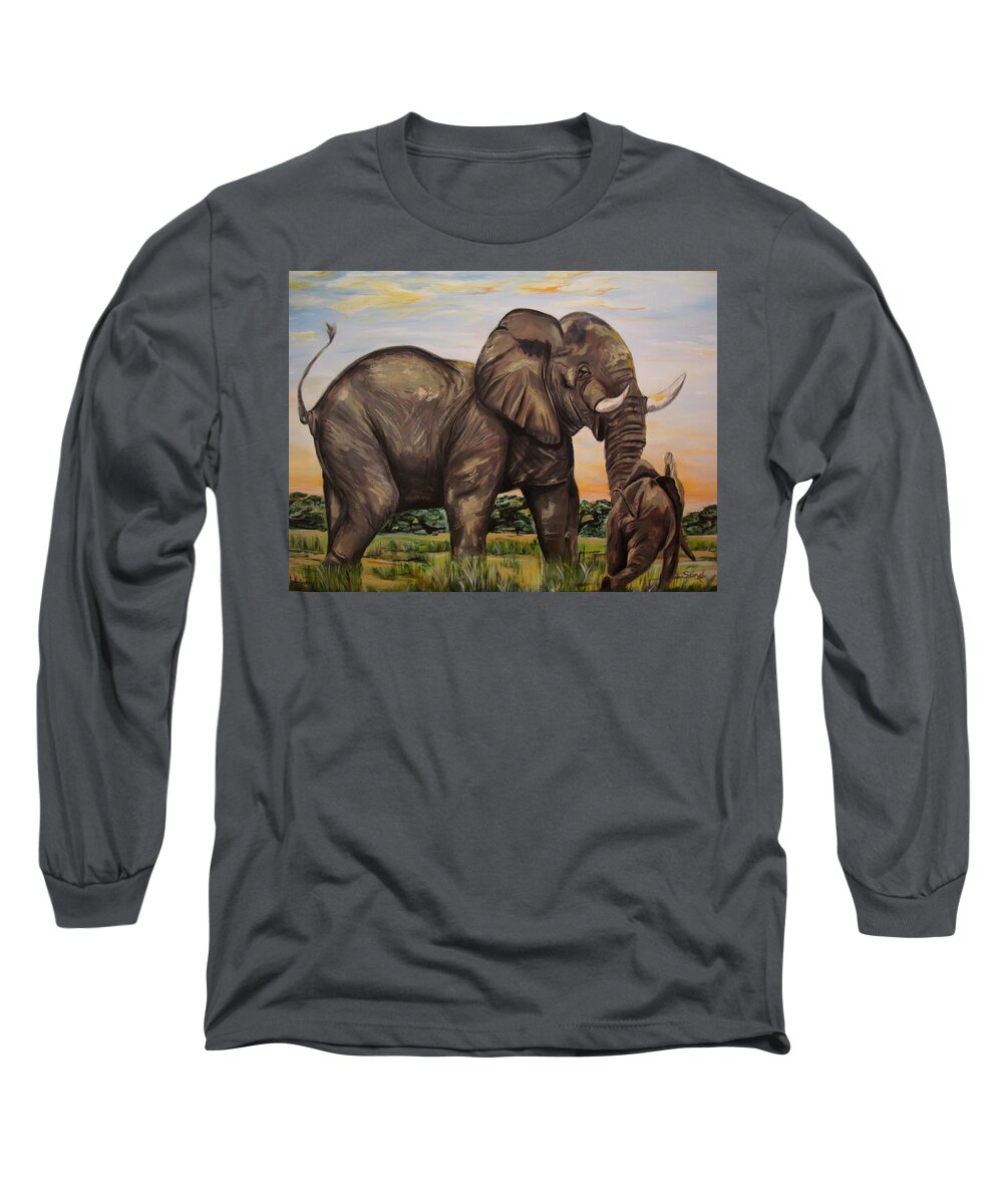 Mother Elephant Long Sleeve T-Shirt featuring the painting Scolding mother by Sunel De Lange