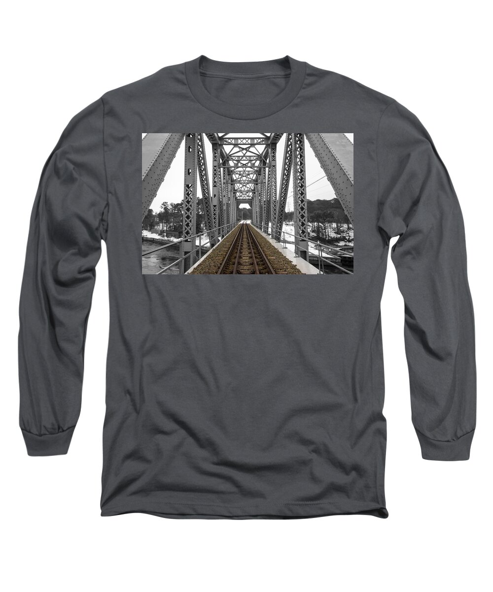 Shinnecock Long Sleeve T-Shirt featuring the photograph Shinnecock Canal Train Trestle by Robert Seifert