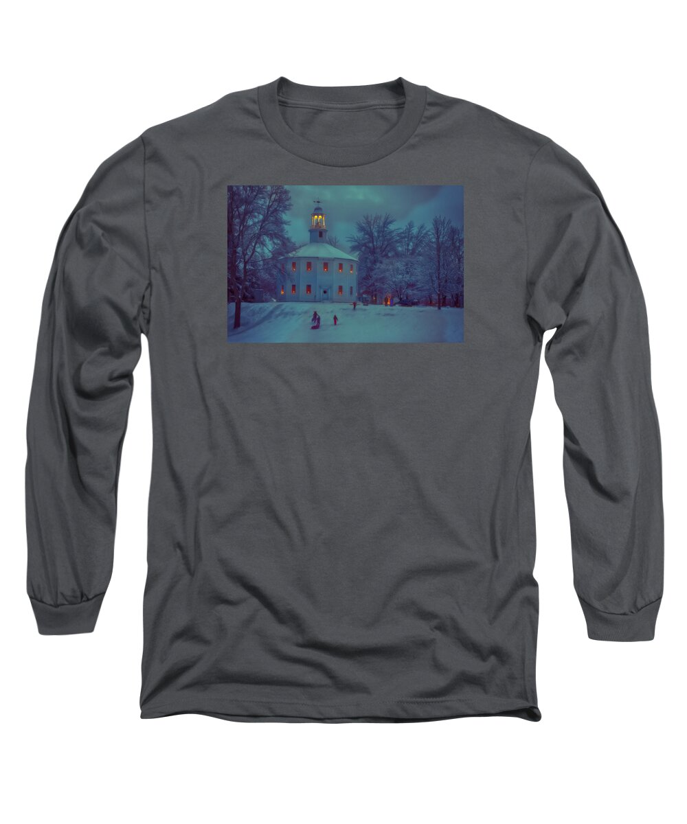New England Church Long Sleeve T-Shirt featuring the photograph Sledding at the old round church by Jeff Folger
