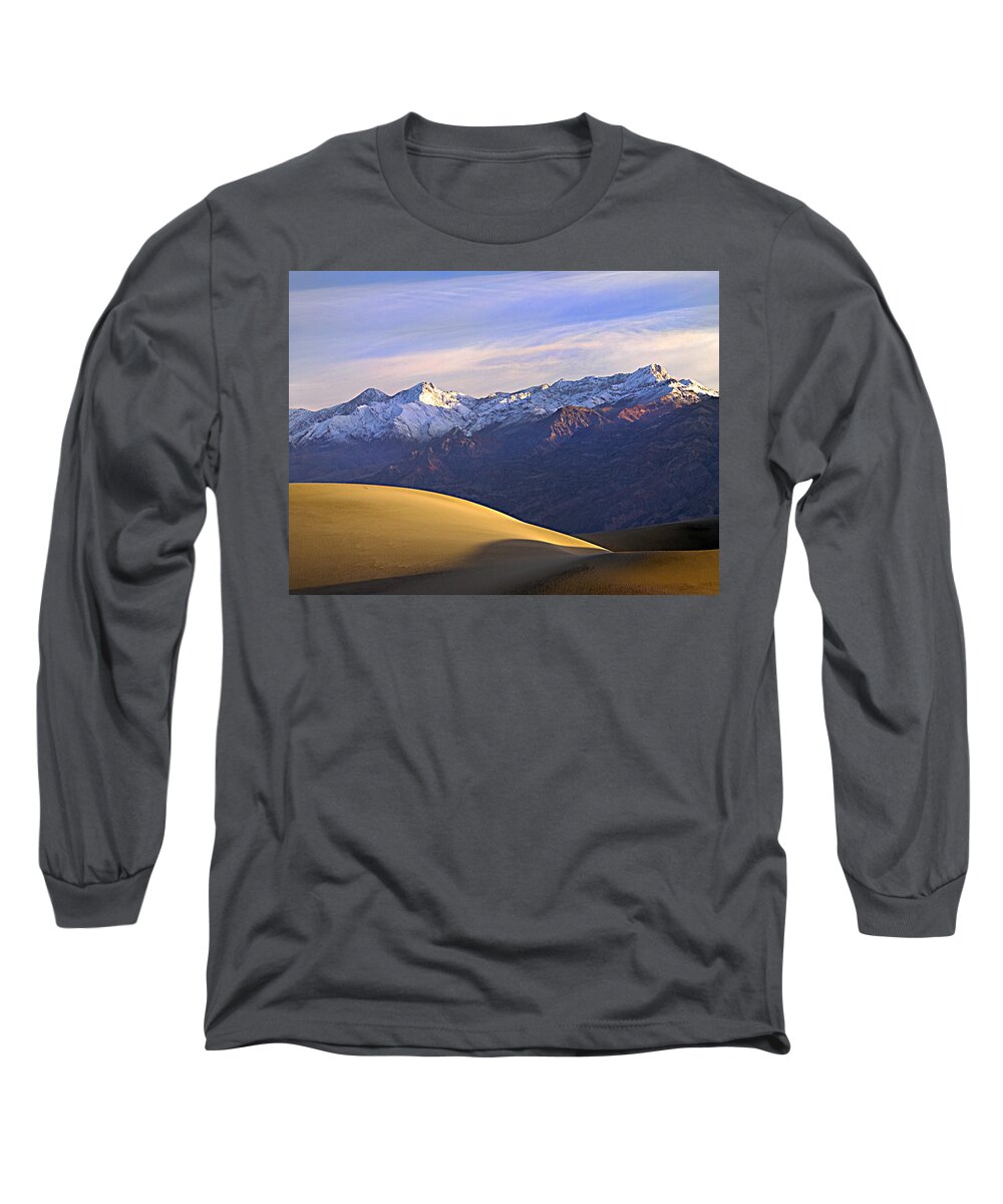 Death Valley National Park Long Sleeve T-Shirt featuring the photograph Snow on the Grapevine Range. by Joe Schofield