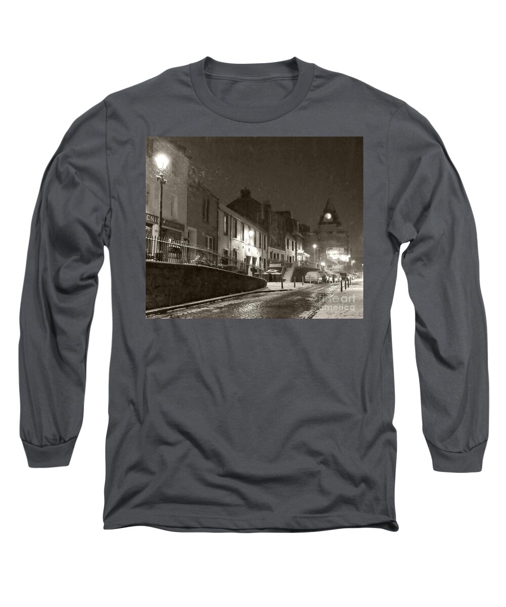 Snowing Long Sleeve T-Shirt featuring the photograph Snowy Night in Black and White by Elena Perelman