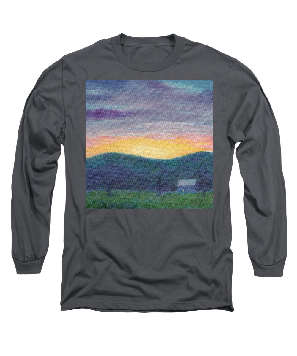 Impressionism Long Sleeve T-Shirt featuring the painting Blue Yellow nocturne solitary landscape by Judith Cheng