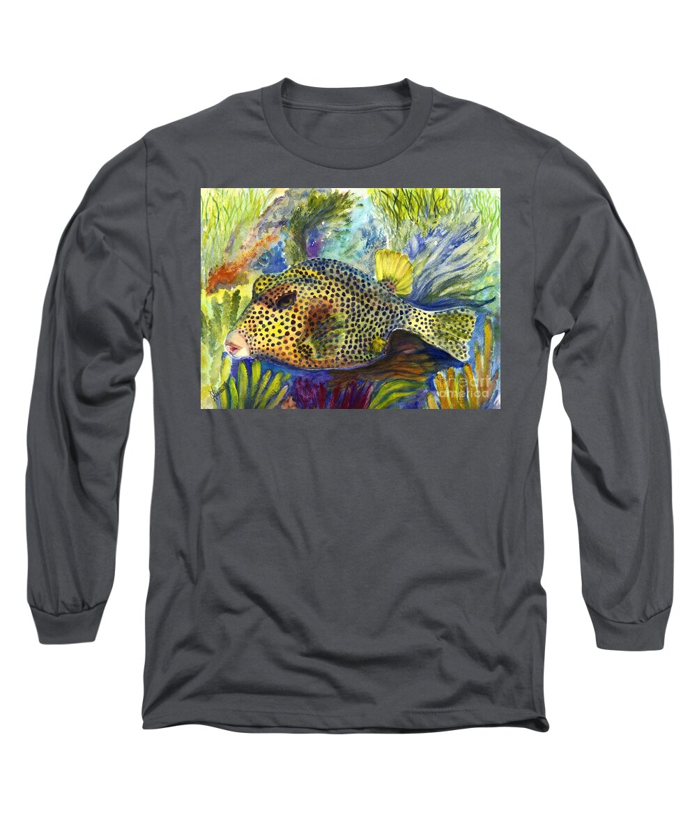 Tropical Fish Long Sleeve T-Shirt featuring the painting Spotted Trunkfish by Carol Wisniewski