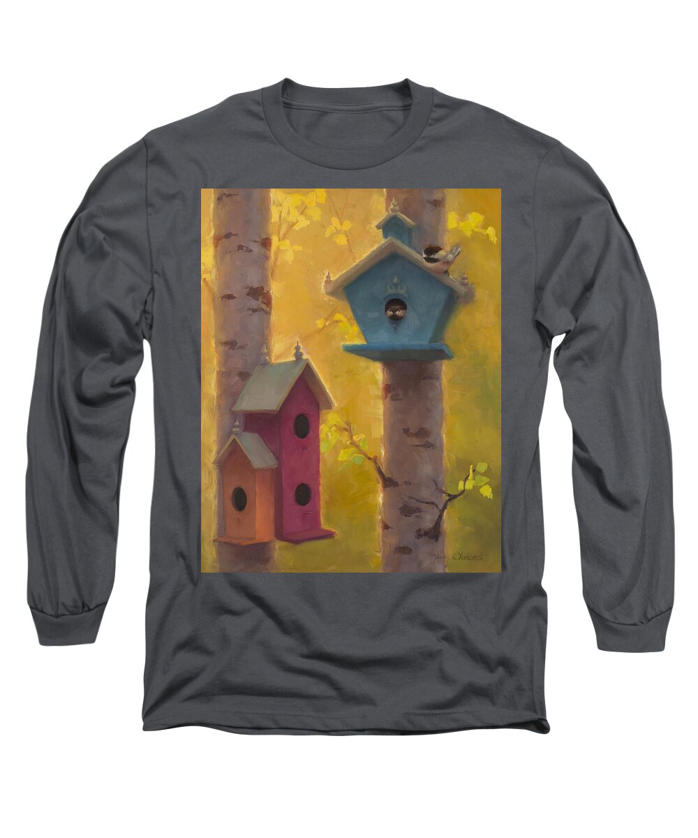 Chickadee Long Sleeve T-Shirt featuring the painting Spring Chickadees 2 - Birdhouse and Birch Forest by K Whitworth