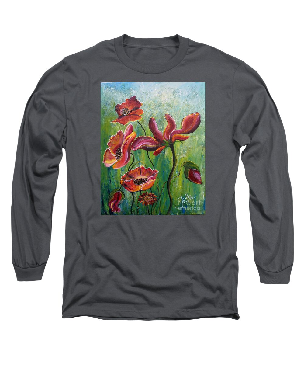Poppies Long Sleeve T-Shirt featuring the painting Standing high by Jolanta Anna Karolska