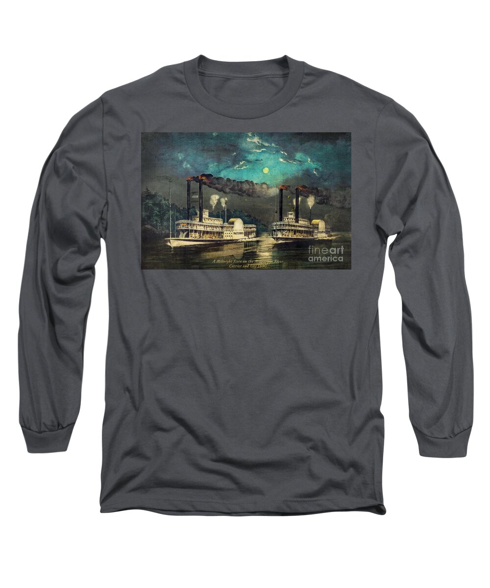 Steamboats Long Sleeve T-Shirt featuring the digital art Steamboat Racing on the Mississippi by Lianne Schneider
