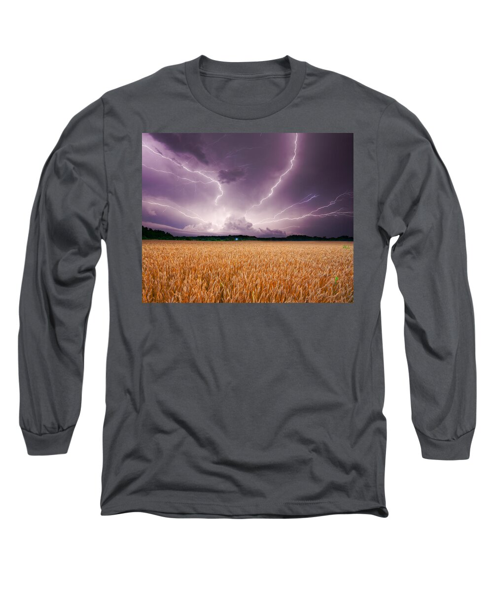 Lightning Long Sleeve T-Shirt featuring the photograph Storm over wheat by Alexey Stiop