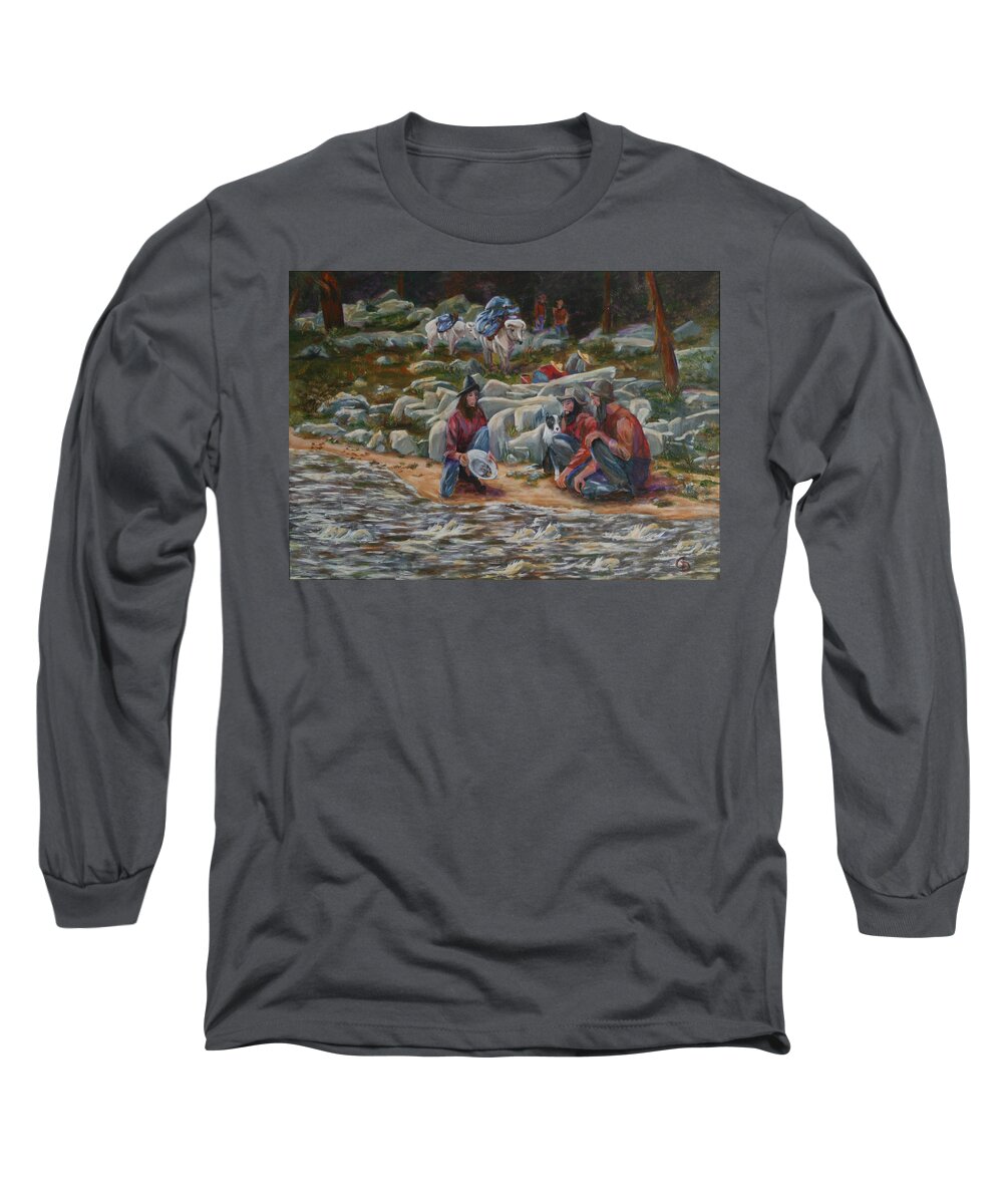 Gold Panning Long Sleeve T-Shirt featuring the painting Strike It Rich by Gail Daley
