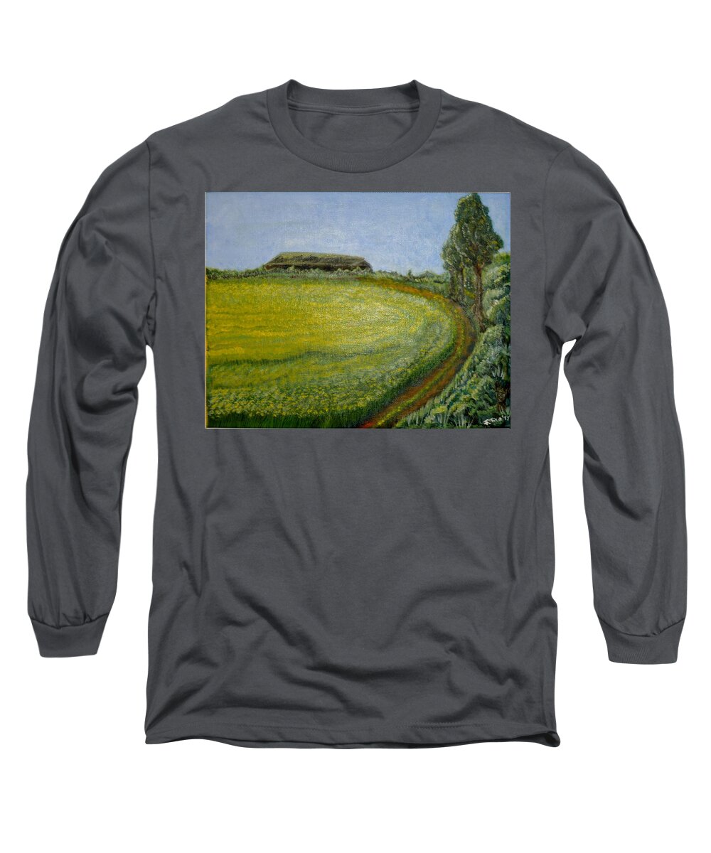 Landscape Long Sleeve T-Shirt featuring the painting Summer in canola field by Felicia Tica
