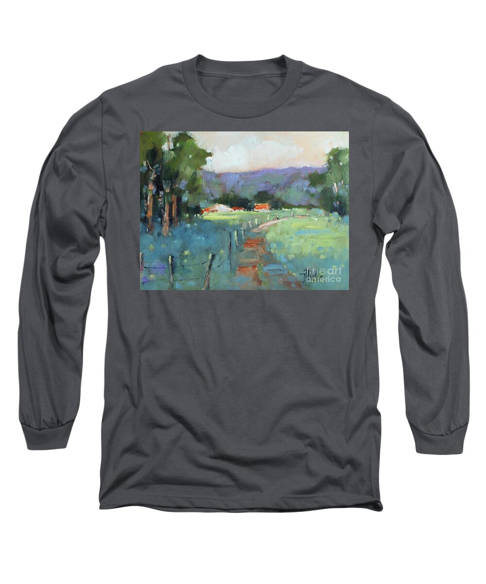 Texas Long Sleeve T-Shirt featuring the painting Sun Struck Farm by Joyce Hicks