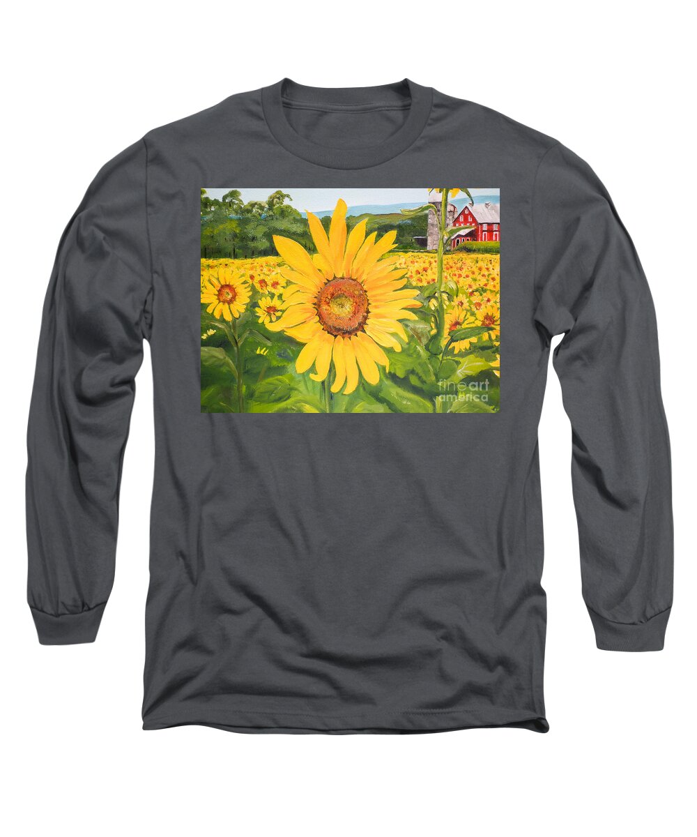 Sunflower Long Sleeve T-Shirt featuring the painting Sunflowers - Red Barn - Pennsylvania by Jan Dappen