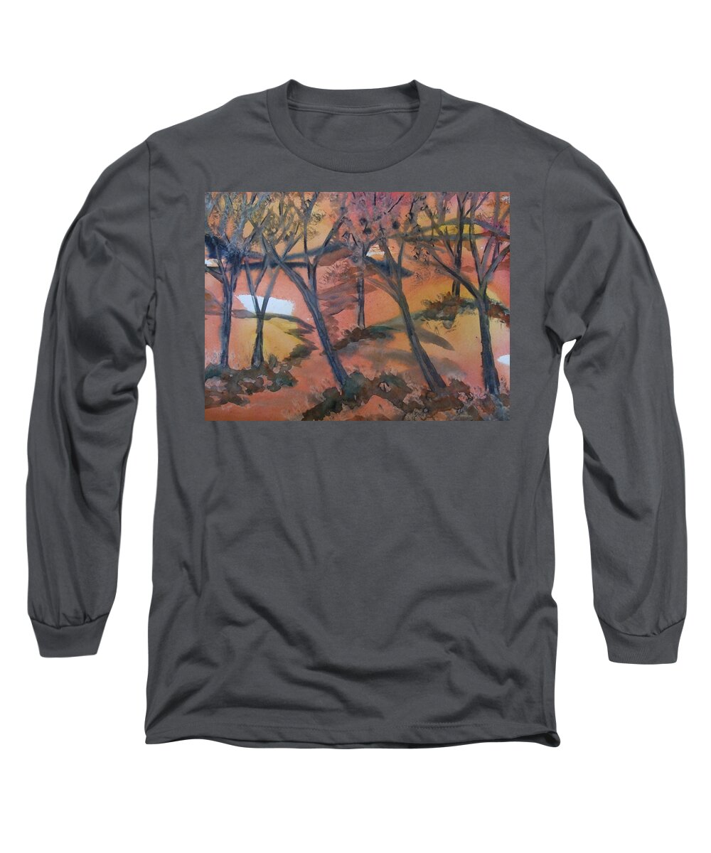 Trees Long Sleeve T-Shirt featuring the painting Sunlit Forest by Kim Shuckhart Gunns