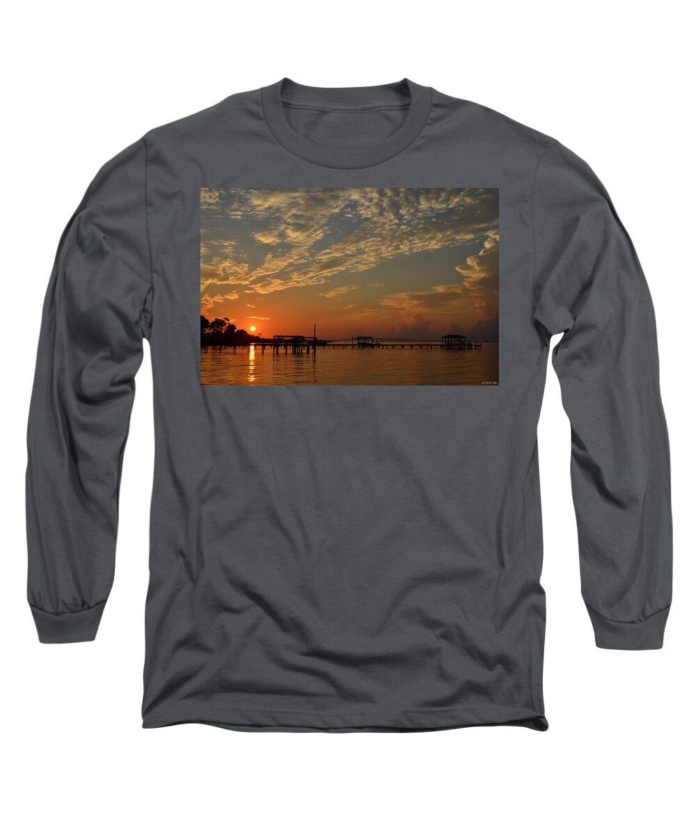Sunrise Long Sleeve T-Shirt featuring the photograph Sunrise Colors with Storms Building on Sound by Jeff at JSJ Photography