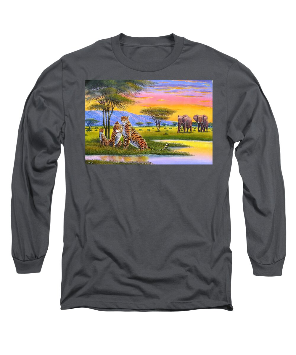 African Paintings Long Sleeve T-Shirt featuring the painting Sunset Watch by Jane Wanjeri