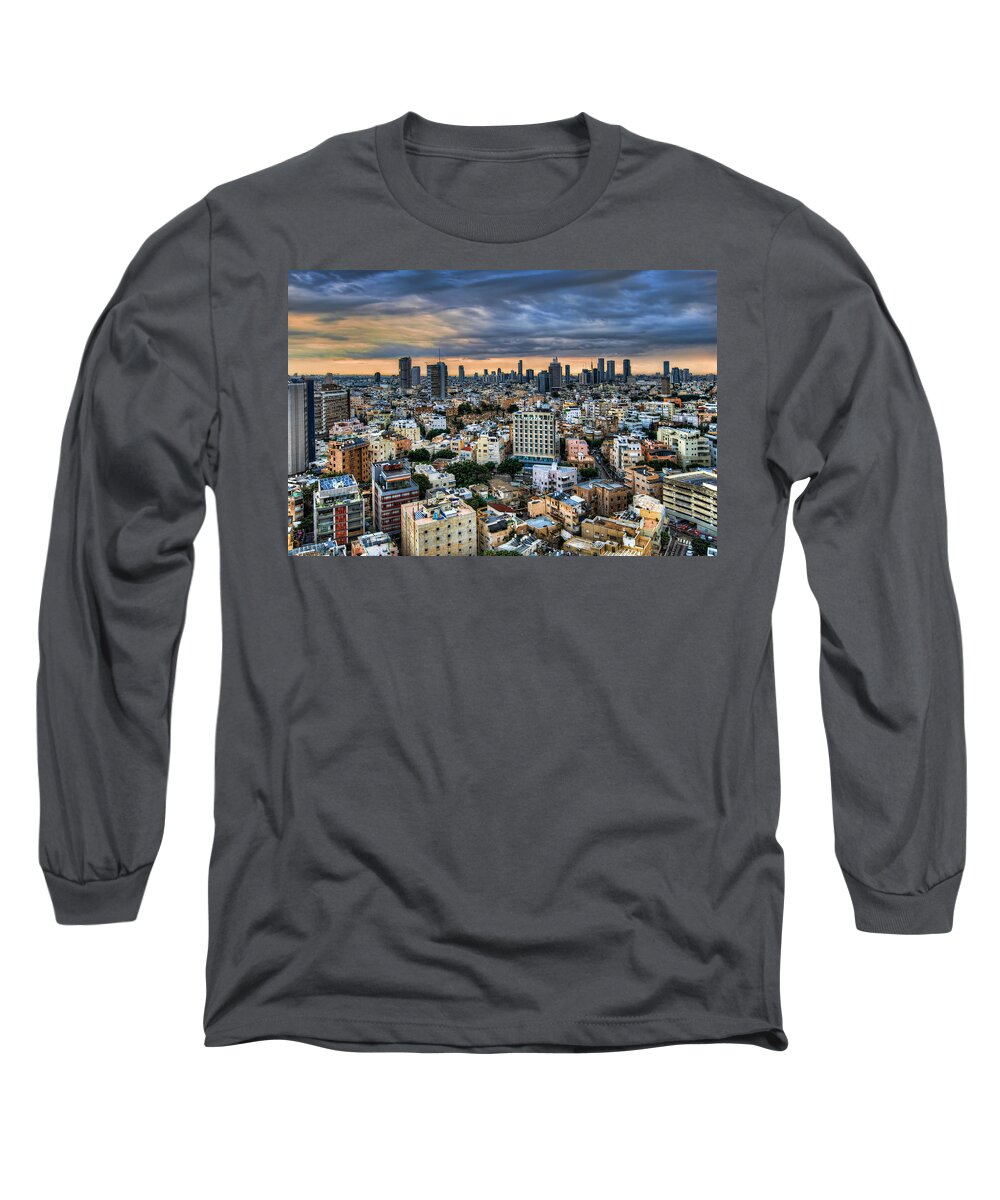 Ronsho Long Sleeve T-Shirt featuring the photograph Tel Aviv skyline winter time by Ron Shoshani
