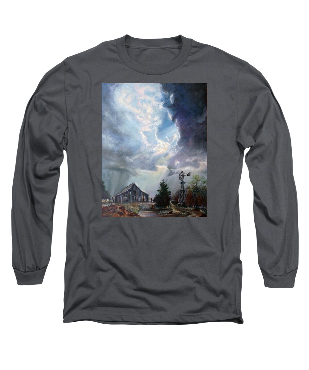 Texas Landscape Art Long Sleeve T-Shirt featuring the painting Texas Thunderstorm by Karen Kennedy Chatham