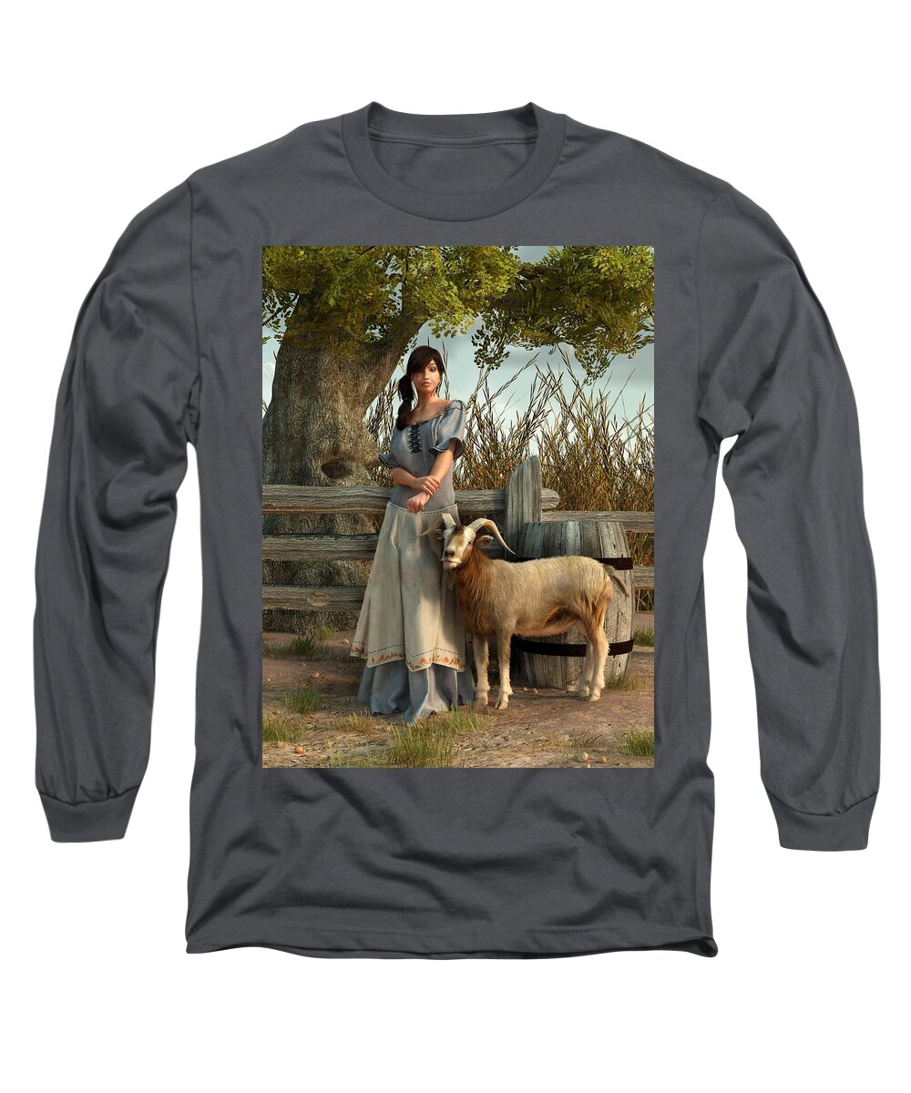 Goat Art Long Sleeve T-Shirt featuring the digital art The Farmer's Daughter by Daniel Eskridge