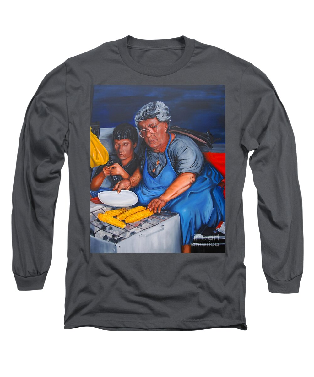 Corn Long Sleeve T-Shirt featuring the painting The Parga Corn Seller by James Lavott