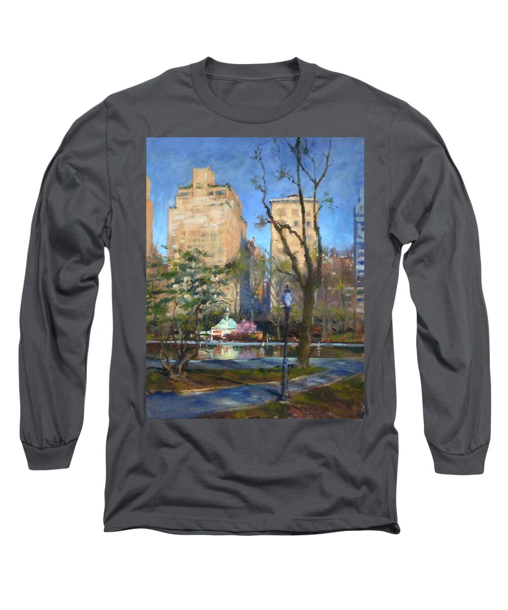Toy Sailboat Long Sleeve T-Shirt featuring the painting The Sailboat Pond in Central Park by Peter Salwen
