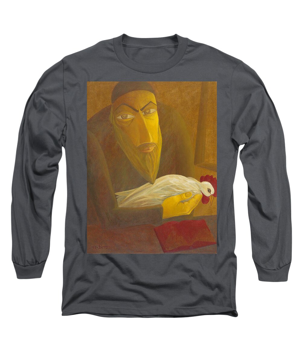 The Shochet With Rooster Long Sleeve T-Shirt featuring the painting The Shochet with Rooster by Israel Tsvaygenbaum